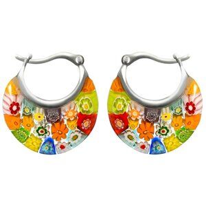 Multi Color Murano Style Glass Hoop Earrings for Women Daisy Flower Stainless